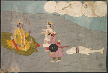 Les fils de Vanasura se soumettent à Krishna : Scène de la section Aniruddha Usha de Krishna Lila, vers 1840