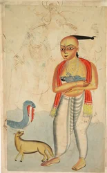 Vasudeva, le père de Krishna, fuyant avec Krishna rencontre un cobra et un chacal, 1800s