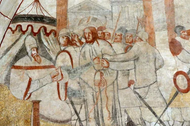 Église de Vault-de-Lugny. Peinture murale du 16ème siècle. Christ dans sa passion. Christ devant Pilate. France