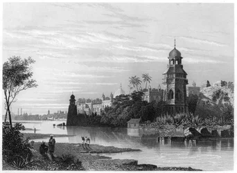 Vue de Delhi depuis le fleuve montrant le palais du roi, vers 1860