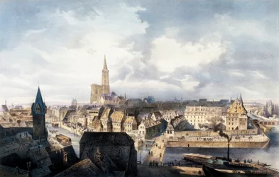 Vue de Strasbourg (France) depuis la tour Saint-Guillaume. Lithographie en couleurs.