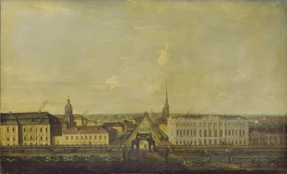 Vue de la perspective Nevski depuis le pont de la police avec le palais Stroganov, seconde moitié du 18ème siècle