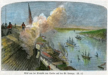 Vue sur le fleuve Saint-Laurent depuis la citadelle de Québec, Canada, vers 1875