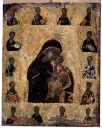 Vierge de Tendresse avec les Saints La Vierge Eleusa, icône byzantine, 14ème siècle