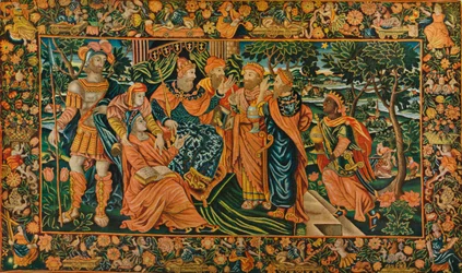 Visite des Mages à Hérode : panneau en petit-point élisabéthain, vers 16ème siècle