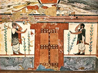 Mur dans la tombe des Augures Tomba degli Auguri à Tarquinia, Italie, 1928