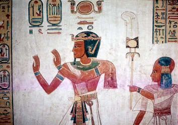 Peinture murale de Ramsès III conduisant son fils décédé aux dieux, Vallée des Reines, Égypte, vers XIIe siècle av. J.-C.