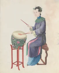 Aquarelle de musicien jouant du tambour, fin 18e siècle