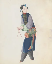 Aquarelle de musicien jouant du tambour, fin du 18ème siècle