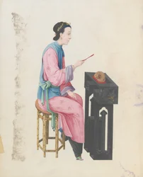 Aquarelle de musicien jouant du mu yu, fin du 18ème siècle