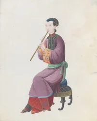 Aquarelle de musicien jouant du xiao, fin du XVIIIe siècle