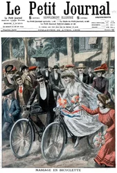 Cortège de mariage à vélo dirigé par la mariée et le marié, Nice, France, 1909