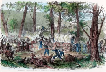 La cavalerie confédérée de Wheeler capturant un train de ravitaillement près de Jasper, Tennessee