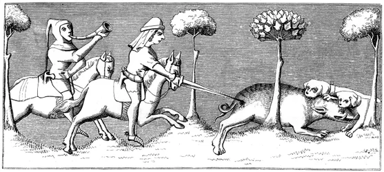 Chasse au sanglier avec des chiens, 14ème siècle
