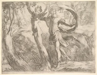 Album de Wilton, folio 10a : Priape et Lotis, vers 1530-50