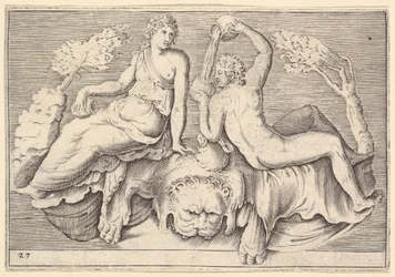 Femme et homme assis sur une peau de lion, homme versant du vin, publié vers 1599-1622