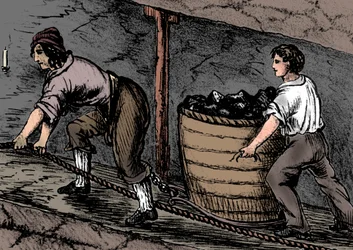 Femme et garçon travaillant dans une mine de charbon, Bolton, Lancashire, 1848