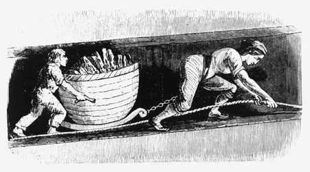 Femme et garçon dessinant une corvée contenant 3-4 cwt de charbon, Bolton, Lancashire, 1848