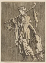 Femme revenant de la chasse portant un sanglier dans sa main gauche et un bâton sur son r..., vers 1515-1600