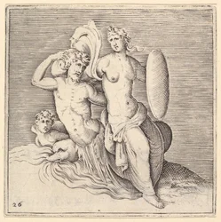 Femme avec un bouclier assise sur un monstre marin