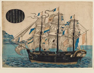 Gravure sur bois - Bateau à voile néerlandais, avec drapeau de la VOC