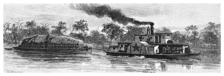 Barge de laine sur la rivière Darling, Australie, 1886