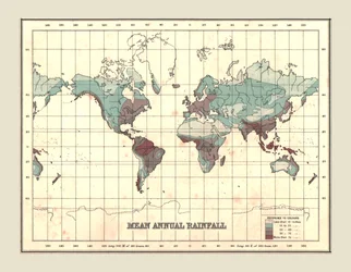 Carte du monde montrant les précipitations annuelles moyennes, 1902