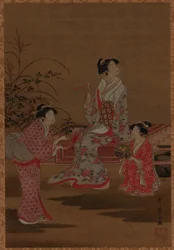 Jeune femme, avec deux jeunes filles, assise dans un jardin, période Edo, 1615-1868