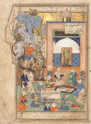 Yusuf et Zulaykha recto, illustration et texte vers persans dans une anthologie..., c. 1556-65
