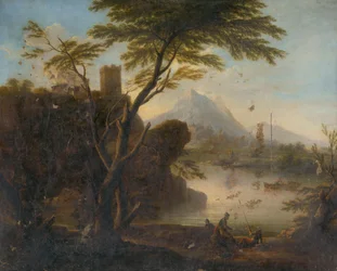 Baie avec château et figures