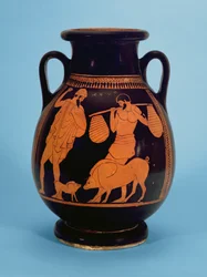 Péliké attique à figures rouges : cochons, porcher et Ulysse, par le Peintre des Cochons, 470-60 av. J.-C.