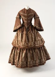 Robe en soie marron et crème avec volants, 1850s