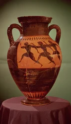 Amphore grecque à figures noires représentant des coureurs dans une course, 600-550 av. J.-C.
