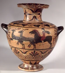 Hydrie, scène de chasse, grec archaïque, période étrusco-ionienne à figures noires, vers 540-530 av. J.-C. (poterie)