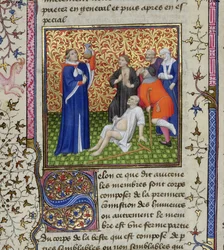Ms.251 f.54v Un médecin avec ses patients, de Des Proprietez des Choses, c.1415