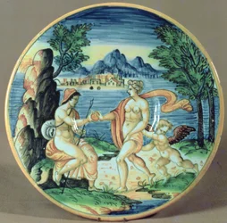 Assiette montrant Paris et Vénus, par Giovanni-Battista da Faenza, 1563