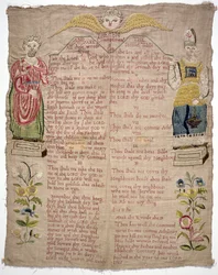 Échantillon, représentant les Dix Commandements, par Elizabeth Coventry, anglais, 1727
