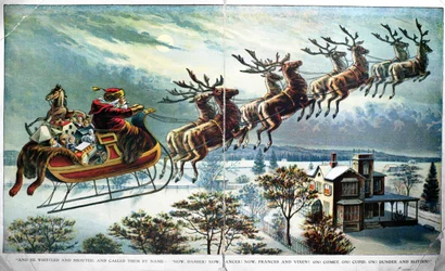 La première sortie du Père Noël avec traîneau et rennes, illustration pour Une visite de Saint Nicolas, de Clement Clarke Moore (1779-1863), années 1890