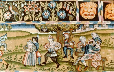 Cantonnière de tapisserie montrant des scènes de chasse, anglais début XVIIe siècle