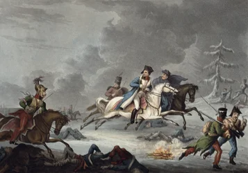 La fuite de Bonaparte de la bataille de Krasnoi par William Heath, publié le 1er avril 1815