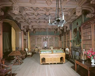 La bibliothèque, Abbotsford House, Melrose, reconstruite vers 1822