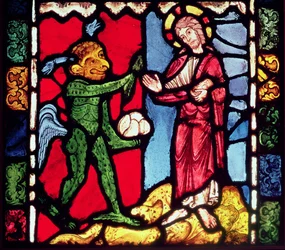 Vitrail de la cathédrale de Troyes montrant la Tentation du Christ dans le désert, c.1225