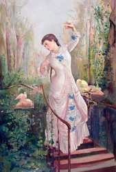 Une femme du XIXe siècle dans un jardin avec des tourterelles, d