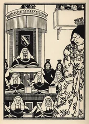 Une cour largement féminine apparaît au Baron, une ironie digne de mention parmi ses aventures. Illustration de William Strang et JB Clark de « Les Aventures du Baron de Münchhausen » par Rudolf Erich Raspe (1789)