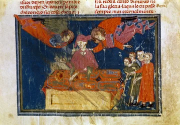Un groupe de personnes infirmes et un seigneur faisant une œuvre de miséricorde en leur apportant de l