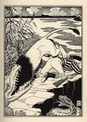 Un lion qui voulait attaquer le Baron de Münchhausen a fini avec un crocodile. Illustration de William Strang et JB Clark de « Les Aventures du Baron de Münchhausen » par Rudolf Erich Raspe (1789)
