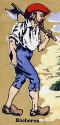 Un bûcheron partant couper du bois avec une hache. Alphabet illustré. Imageries réunies à Jarville-Nancy, début du 20ème siècle. Dim: 40 x 29 cm