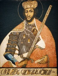 Alexandre Nevski représenté comme un saint guerrier dans un portrait par un artiste inconnu du début du XVIIIe siècle, Musée d