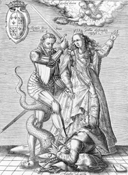Allégorie de la mort de la Ligue catholique représentée comme un moine avec un corps de serpent tué par le roi de France Henri IV et la France. Fin du 19ème siècle (gravure de "Musée-Criminel" par Henri Varennes et Edgar Troimaux)