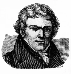 Aloys Senefelder (1771-1834), acteur et dramaturge allemand, inventeur de la lithographie et imprimeur. Illustration / gravure sur bois de : "Le monde en illustrations", publié par l